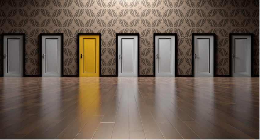 Image of multiple doors, representing alternative choices for social media engagement. 