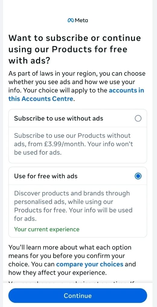 Screenshot showing ad preferences and interest categories related to social media subscriptions in Meta settings.